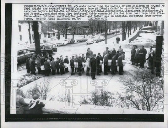 1958 Press Photo Caskets of Six Children of Mr. & Mrs. Carl Wright in Lockport - Historic Images