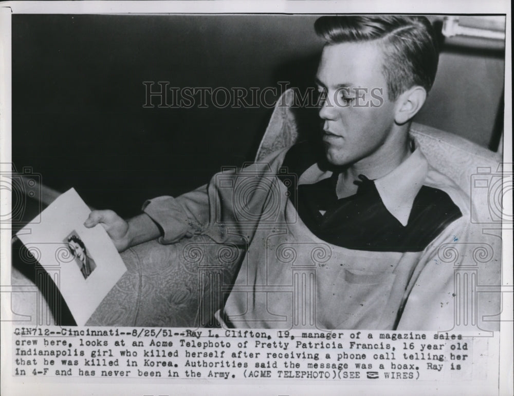 1951 Press Photo Ray C.Clifton looks at Patricia Francis who killed himself. - Historic Images