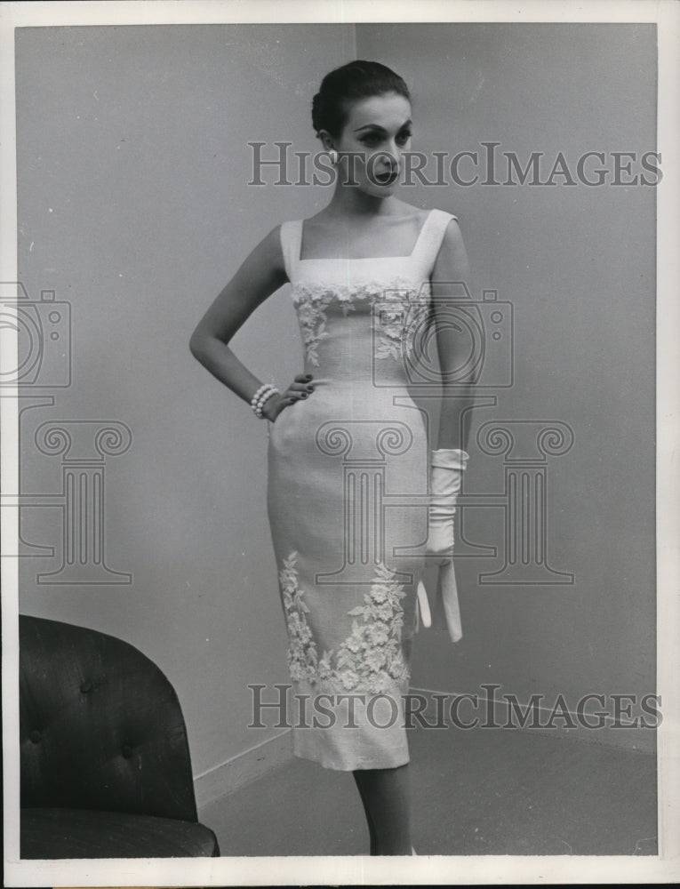 1957 White dress accented with flowers-Historic Images