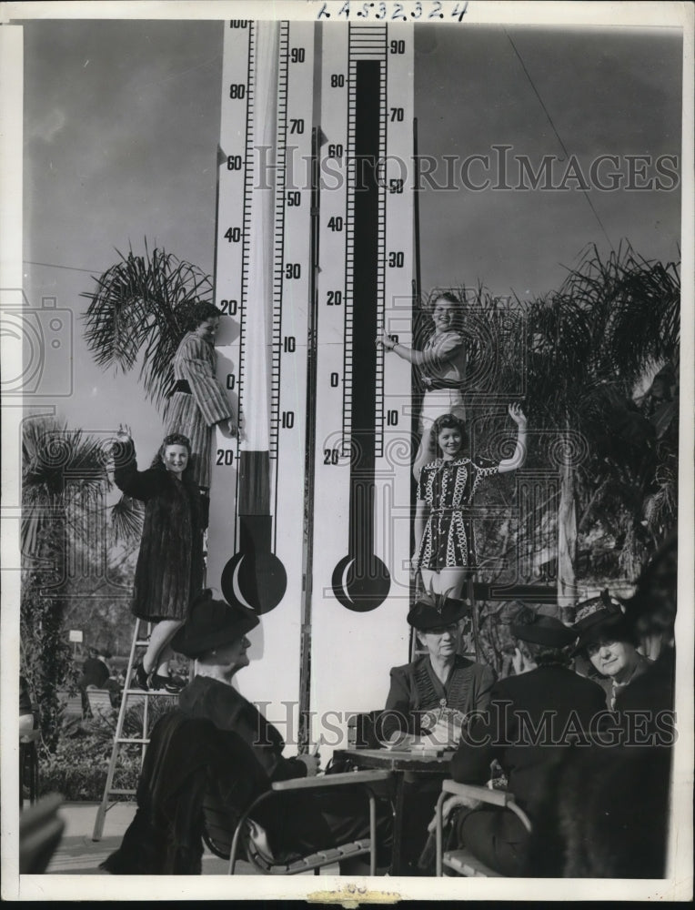 1939 Inglewood Cal Bathing girls and girls in fur coats demonstrate-Historic Images