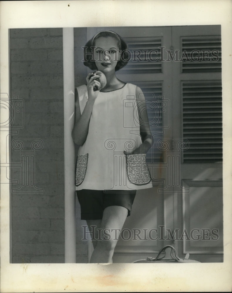 1957 Red &amp; white top &amp; skirt for day wear on fashion model-Historic Images