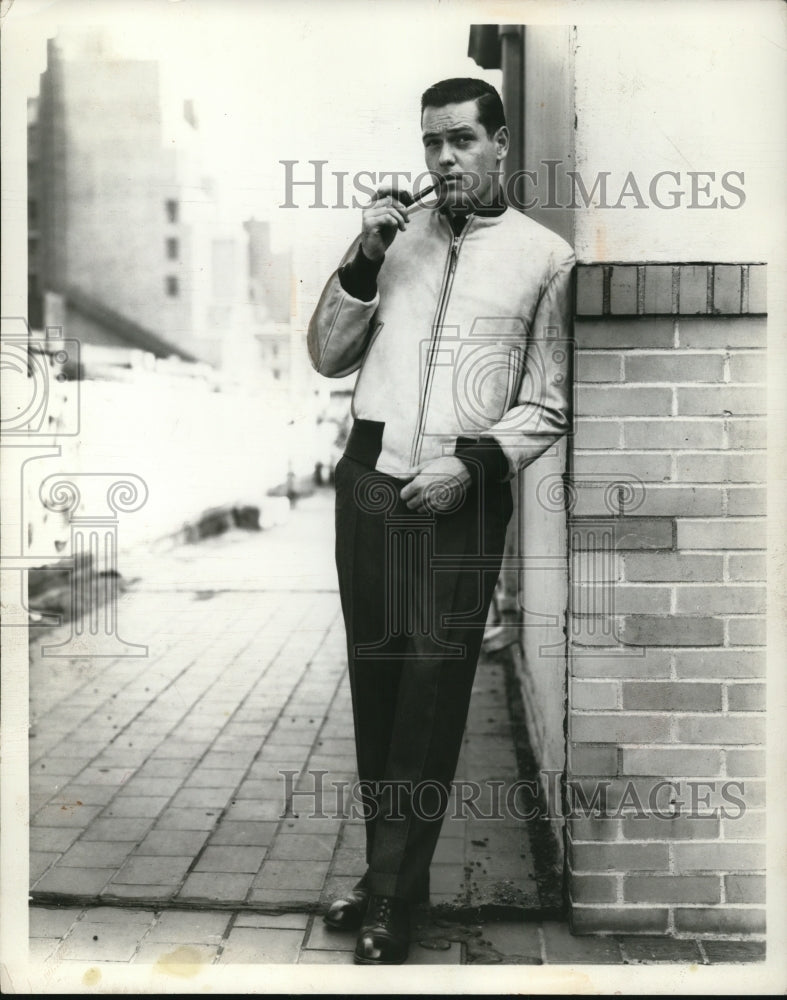 1958 Press Photo Suede leather jacket with knit collar by Robert Hall - Historic Images