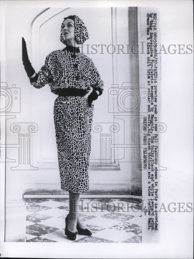 1957 Paris France Manguin fashio dress in fur fabric-Historic Images