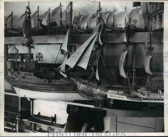 1956 Press Photo Fleet of model shios on display along with elephant head - Historic Images