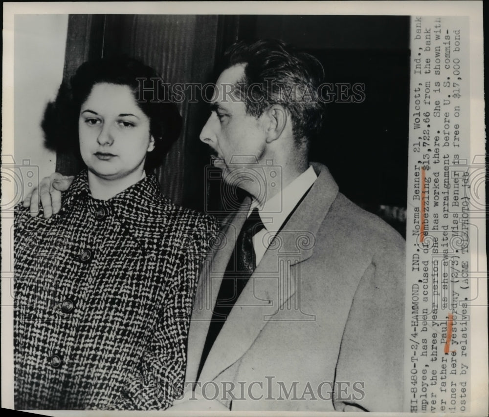 1950 Press Photo Hammond Ind Norma Benner &amp; dad Paul embezzelment charges - Historic Images