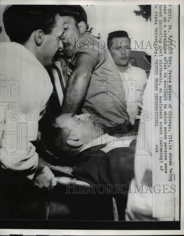 1958 Press Photo Reverend Petra Madsen Placed on Stretcher After Accident - Historic Images