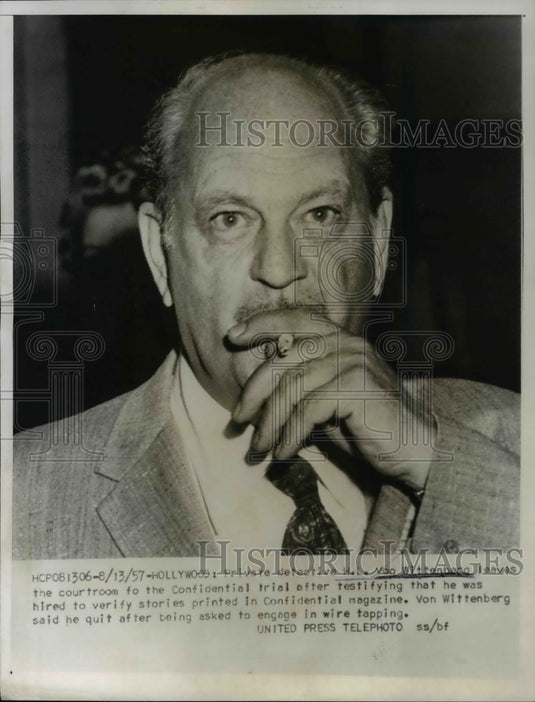1957 Press Photo Hollywood Private Detective HL Von Wittenberg leaves courtroom - Historic Images
