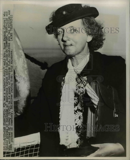 1947 Press Photo Mrs. Rose Manson as she arrived in San Francisco - Historic Images