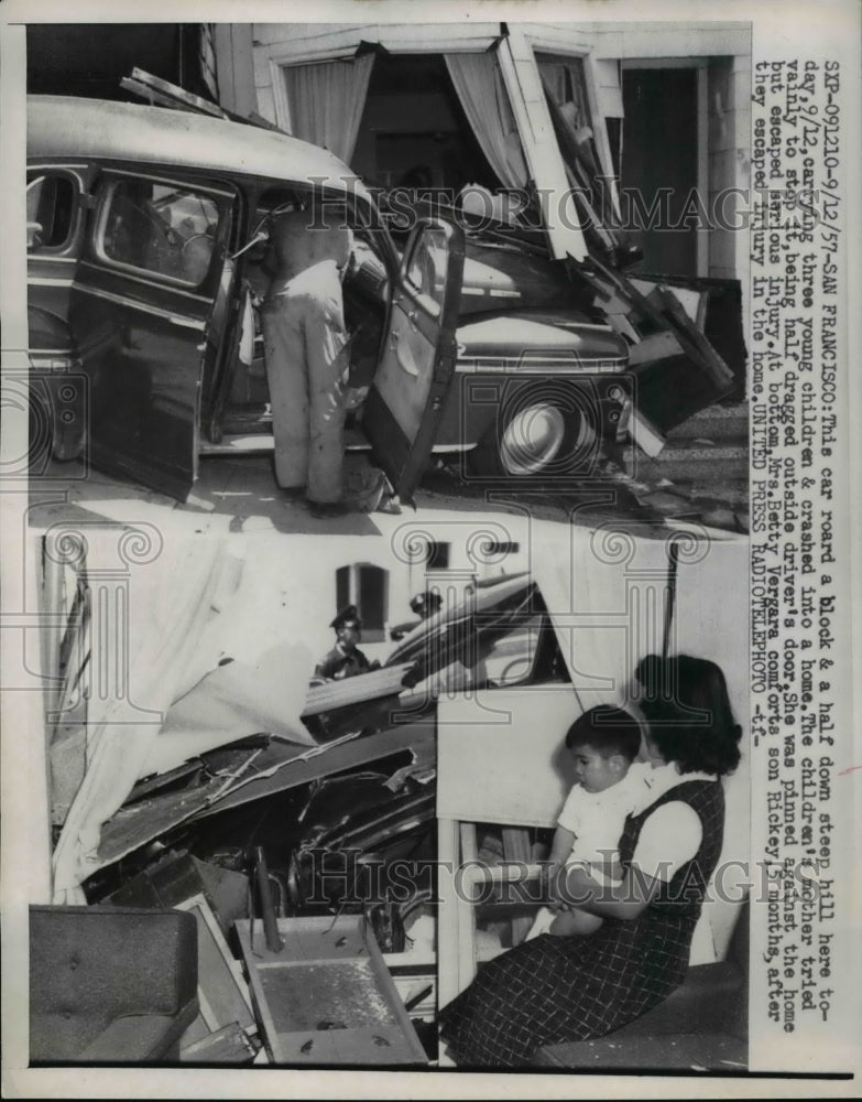 1957 Press Photo Car roared a block and a half down steep hill and crashed - Historic Images