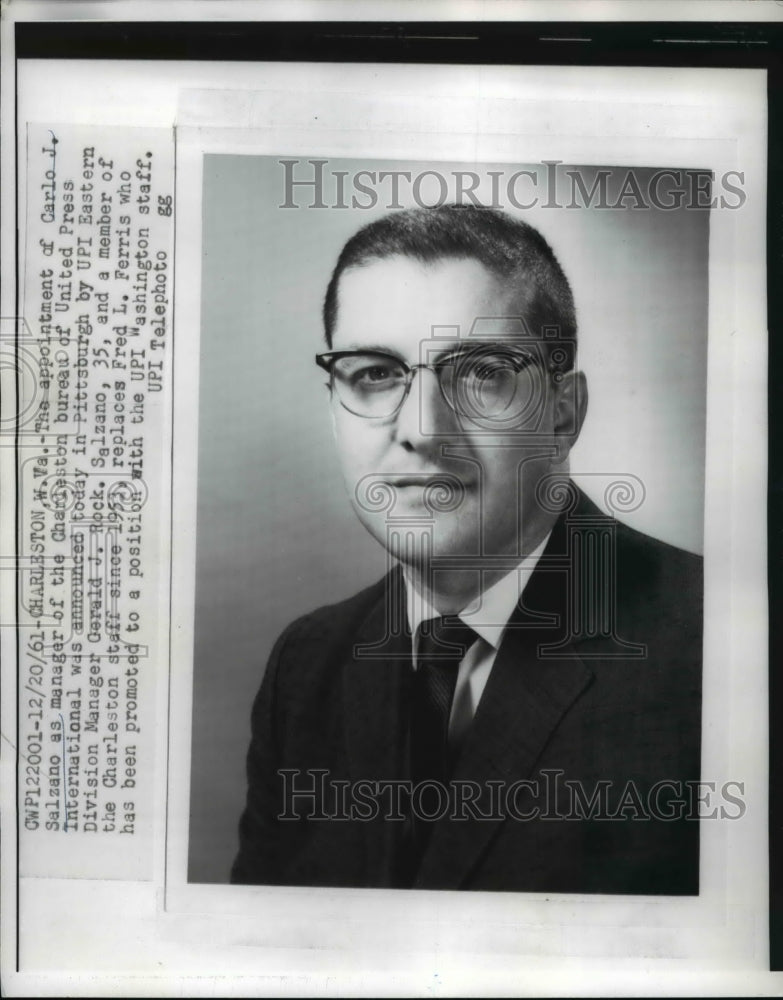 1962 Press Photo Carlo Salzano, appointed manager of Charleston Bureau - Historic Images