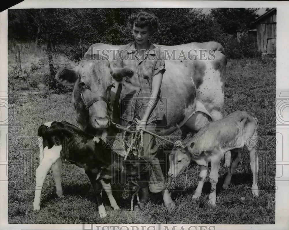 1955 Press Photo Mrs. Norma Hoyt holds the family of the twin cows and mother - Historic Images