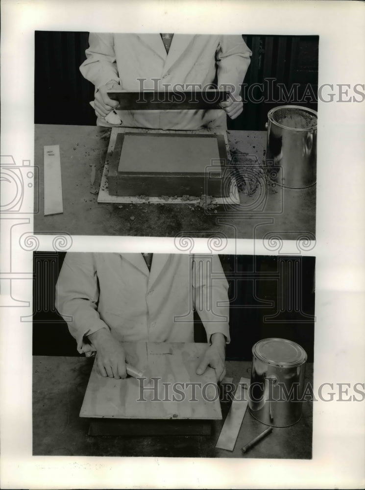 1958 Press Photo The cutline work, metal plate is place on base of die pattern - Historic Images