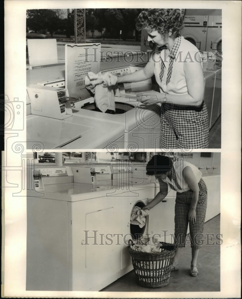 1959 Press Photo Mrs Autrey Greer, Mobile Ala at drive in Laundermat - Historic Images