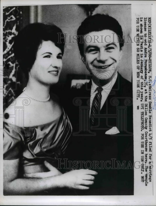 1960 Press Photo Heiress Gamble Benedict &  fiance Andre Perumbeanu in Dillon SC - Historic Images
