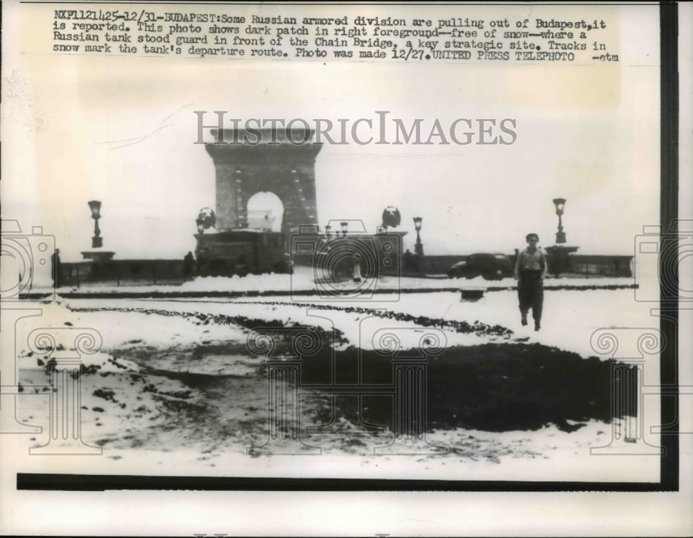 1956 Press Photo Dark Patch Where Russian Tank Stood in Budafest - Historic Images