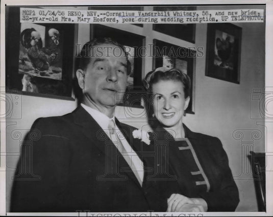 1956 Press Photo Cornelius Vanderbilt Whitney & new bride pose during reception - Historic Images