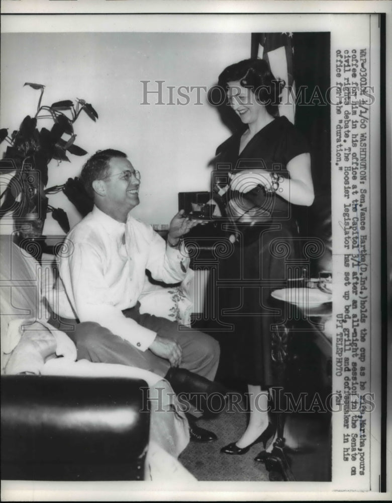 1960 Press Photo Sen. Vance Hartka holds cup as his wife, Martha, pours coffee - Historic Images