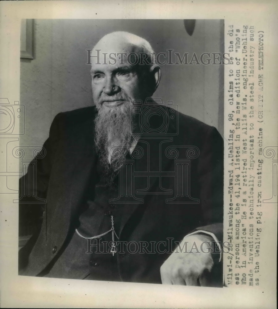 1948 Press Photo Edaward A. Uehling, the oldest man listed in Who's Who book - Historic Images
