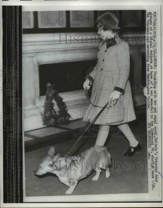 1960 Press Photo Britain's Princess Anne, strolling with her pet royal corgi. - Historic Images