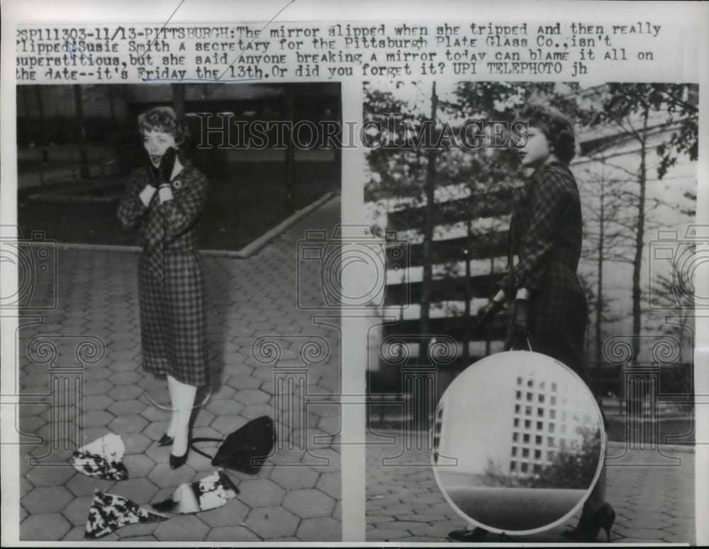 1959 Press Photo Secretary Susie Smith, Pittsburgh Plate Glass Co. Breaks Mirror - Historic Images