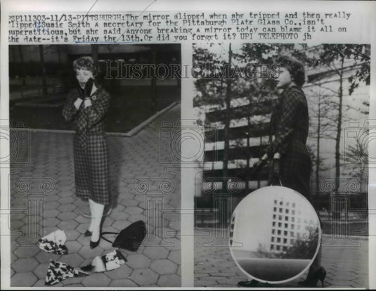 1959 Press Photo Secretary Susie Smith, Pittsburgh Plate Glass Co. Breaks Mirror - Historic Images