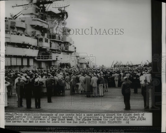 1953 Press Photo Boy Scouts Meeting Aboard USS Boxer for Captain M.B. Gurney - Historic Images
