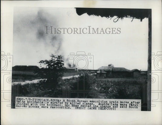 1950 Press Photo South Korean ammunition train burns after accidentally strafed - Historic Images