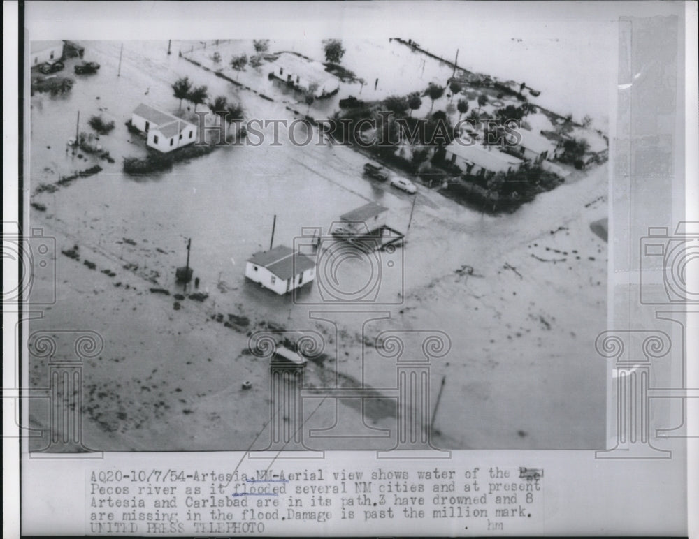 1954 Press Photo Pecos River flooded several cities at Artesia adn Charlesbad - Historic Images