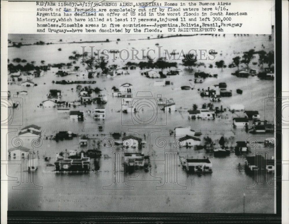 1959 Press Photo Homes in Buenos Aires, Argentina, are cut off by flood waters - Historic Images