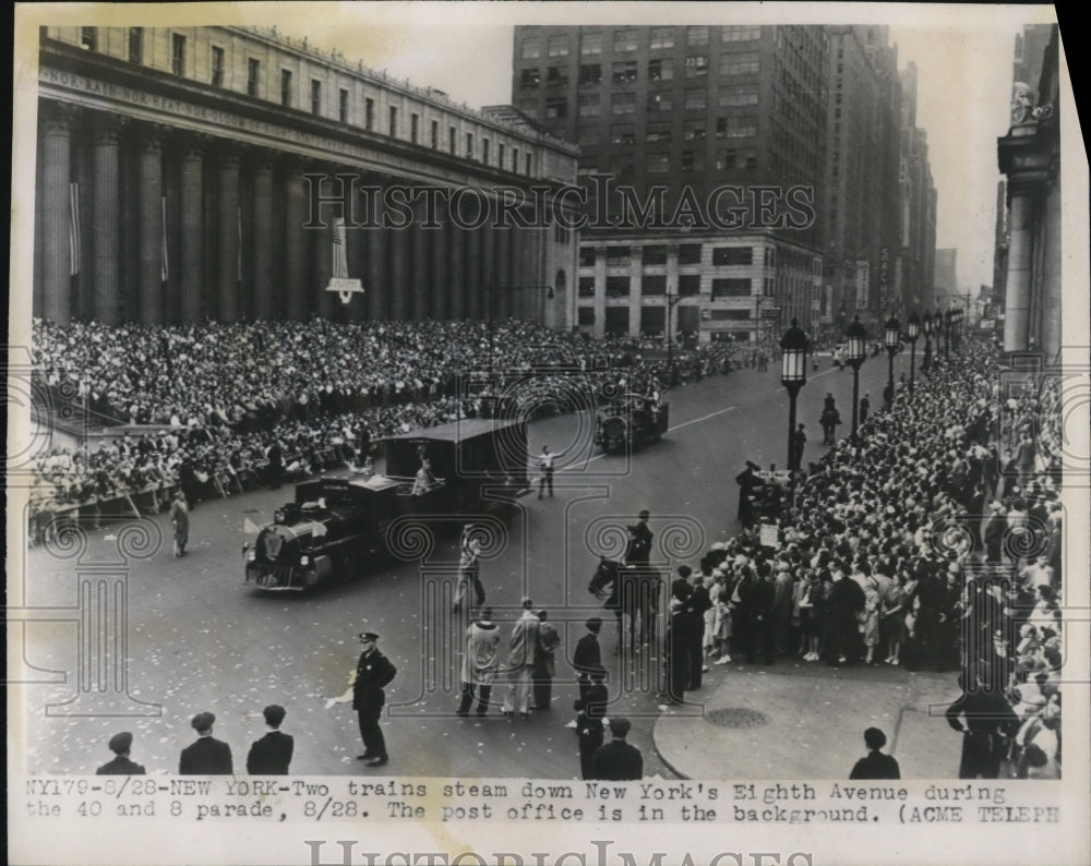 1947 Press Photo New York 2 trains steam down Eighth Avenue during the 40 and 8 - Historic Images