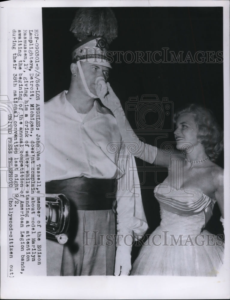 1956 Press Photo John Van Tassell, Model Marilyn Rasmussen, American Legion Band - Historic Images