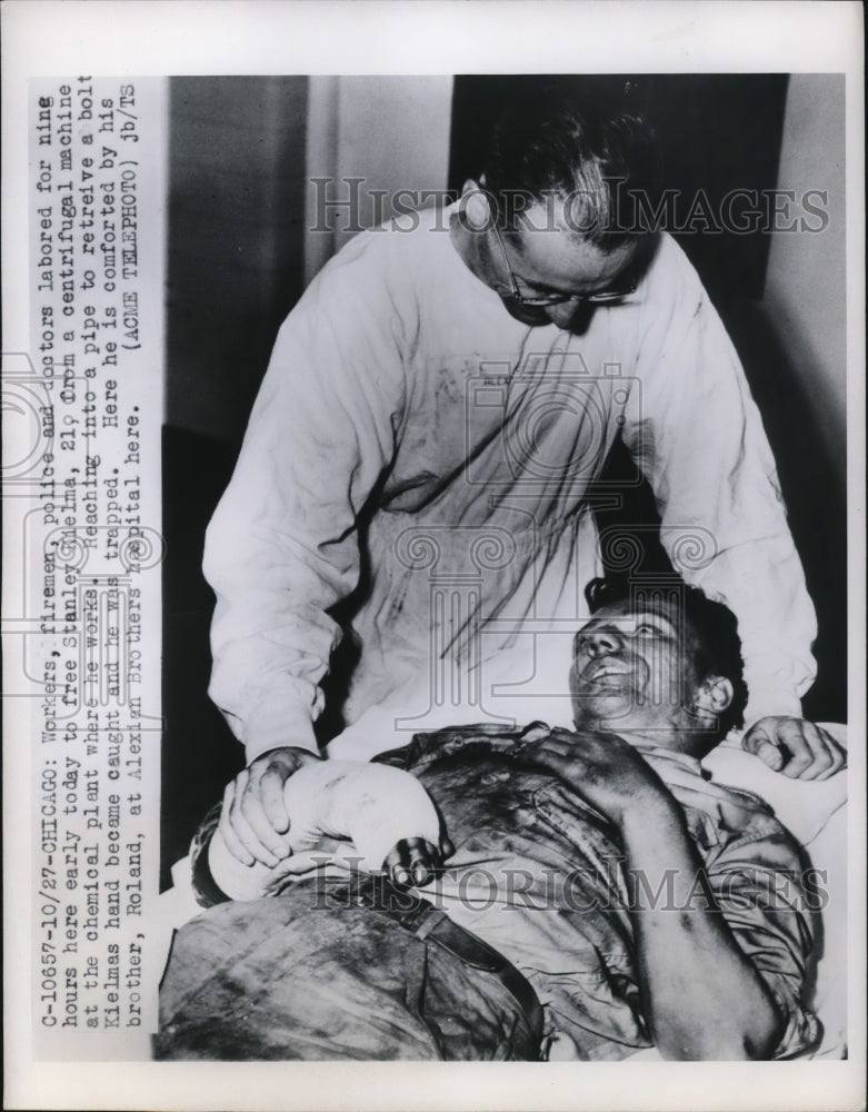 1950 Press Photo Chemical Plant Workers rescued after accident form the plant. - Historic Images