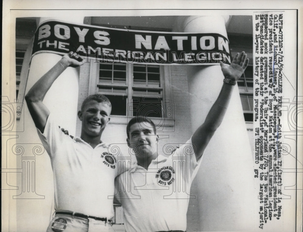 1959 Press Photo Keith Julian and Richard Linzer of Boys&#39; Nation Univ. Maryland - Historic Images