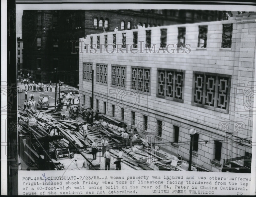 1955 Press Photo Limestone Falls in Construction of St. Peter Chains Cathedral - Historic Images