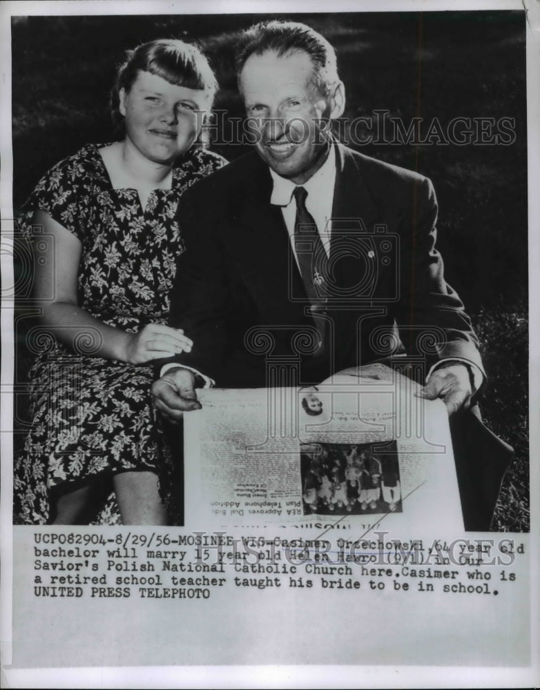 1956 Press Photo 64-year-old Casimer Ortechowski and 15-year-old Helen Hawro - Historic Images