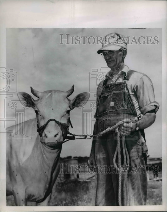 1950 Press Photo Fred Poormen and his pink hairless cow - Historic Images