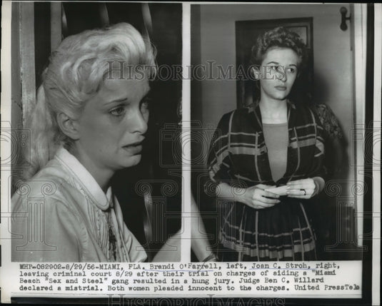 1956 Press Photo Brandi O'Farrell and Joan Stroh leaving the criminal court - Historic Images