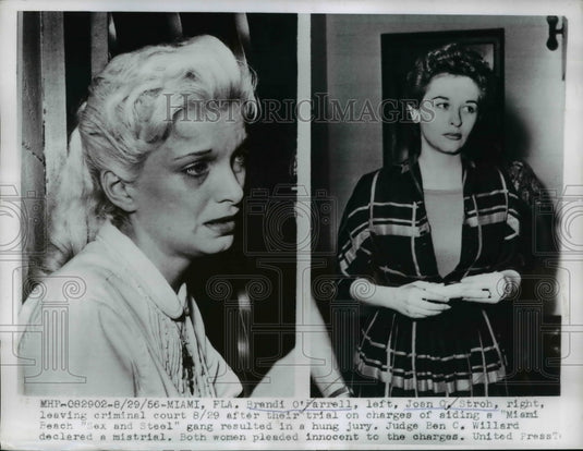 1956 Press Photo Brandi O'Farrell and Joan Stroh leaving criminal court - Historic Images