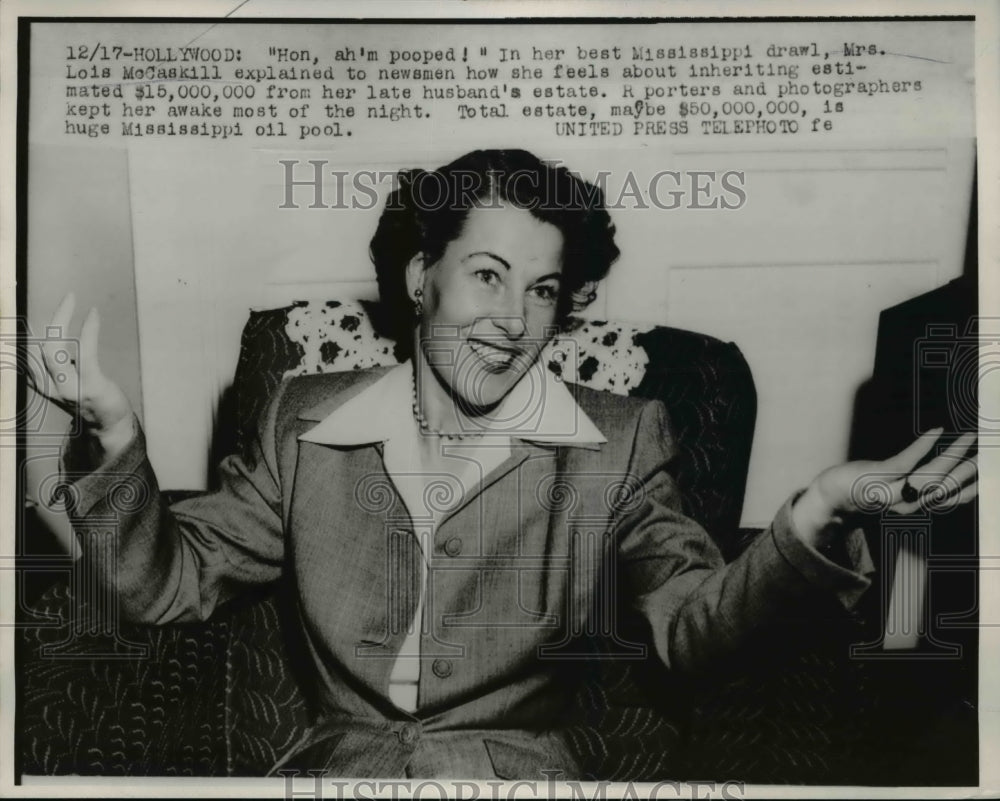 1953 Press Photo of Mrs. Lois McCaskill explainin her feelings about inheriting - Historic Images