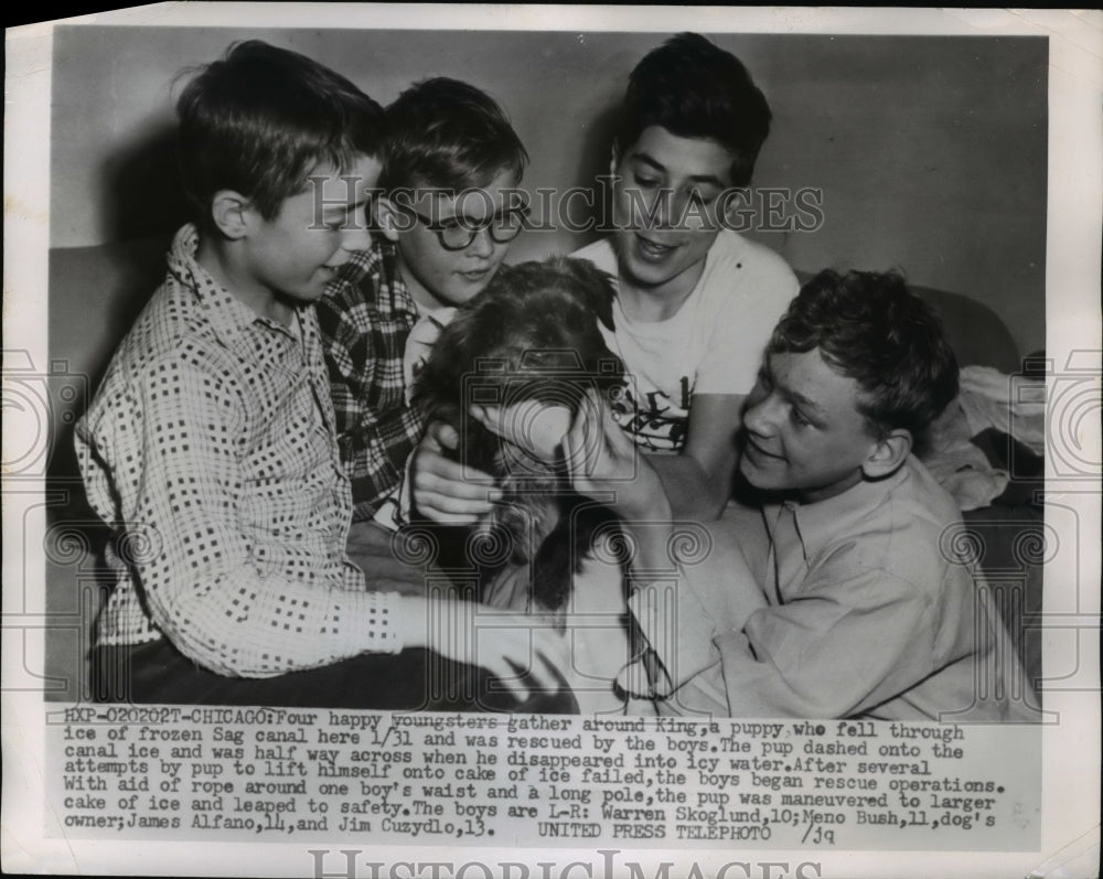 1955 Press Photo Youngsters with King, a puppy who fell on frozen Sag Canal - Historic Images