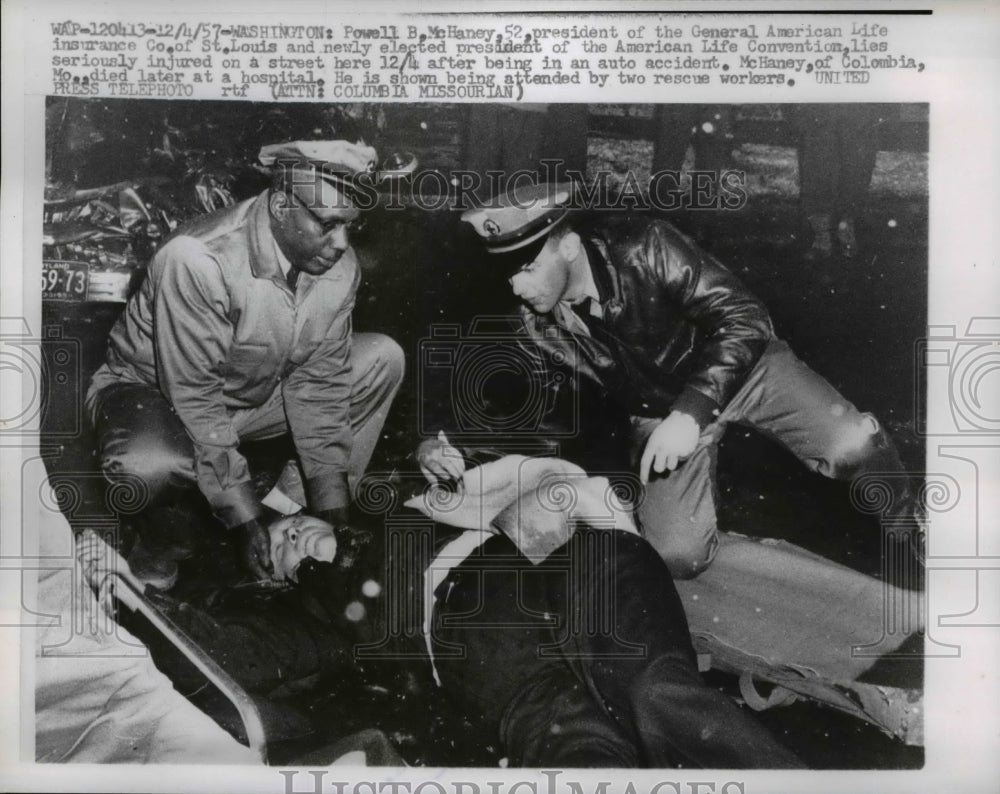 1957 Press Photo General American Life President Powell McHaney on accident - Historic Images