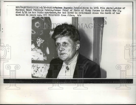 1962 Press Photo Vichy France Chief of State in WWII Widow Eugenie Petain - Historic Images