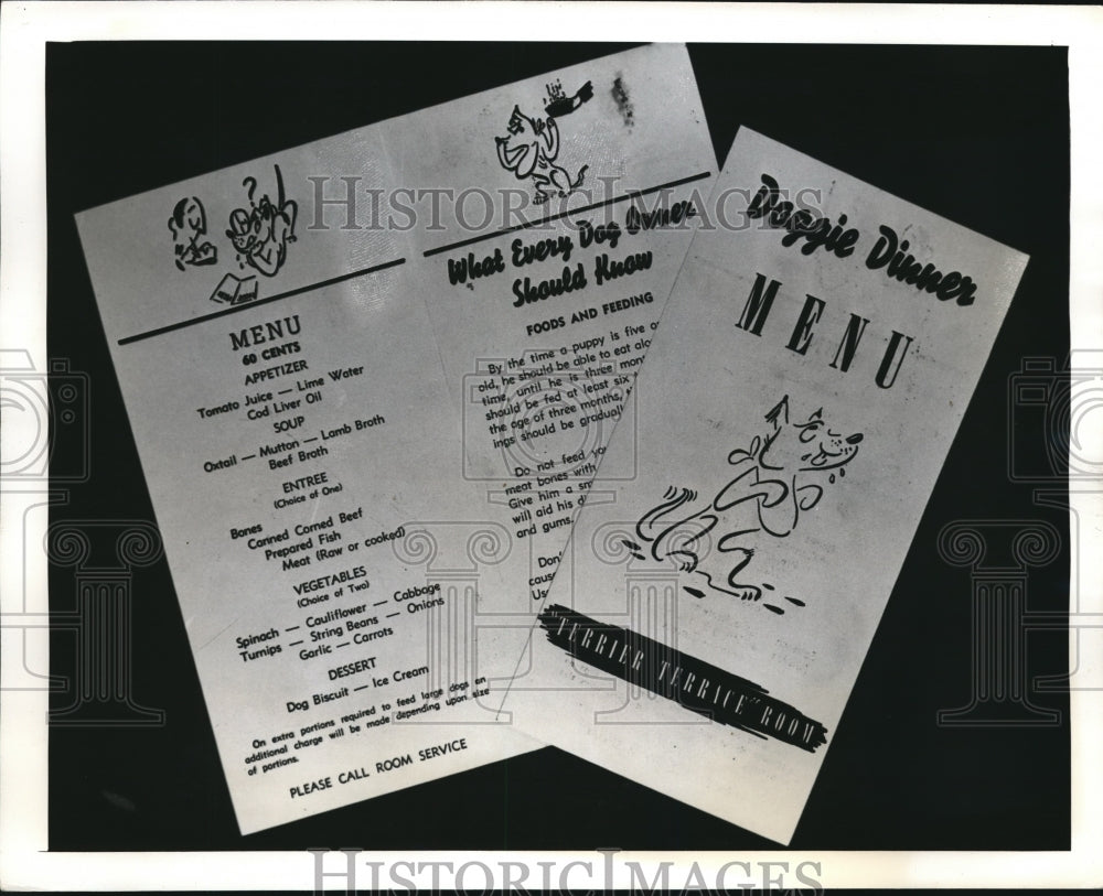 1941 Press Photo Food Menu for Dogs at the New York Hotel - Historic Images