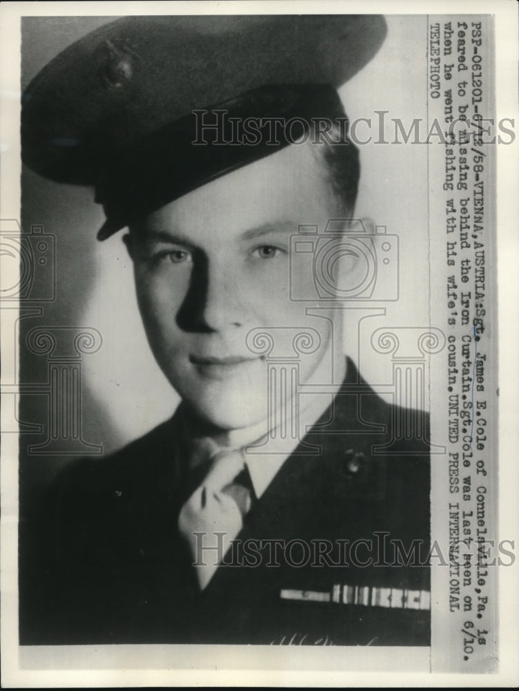 1958 Press Photo Sgt James E COle of Connelsville Pa is feared to be missing - Historic Images