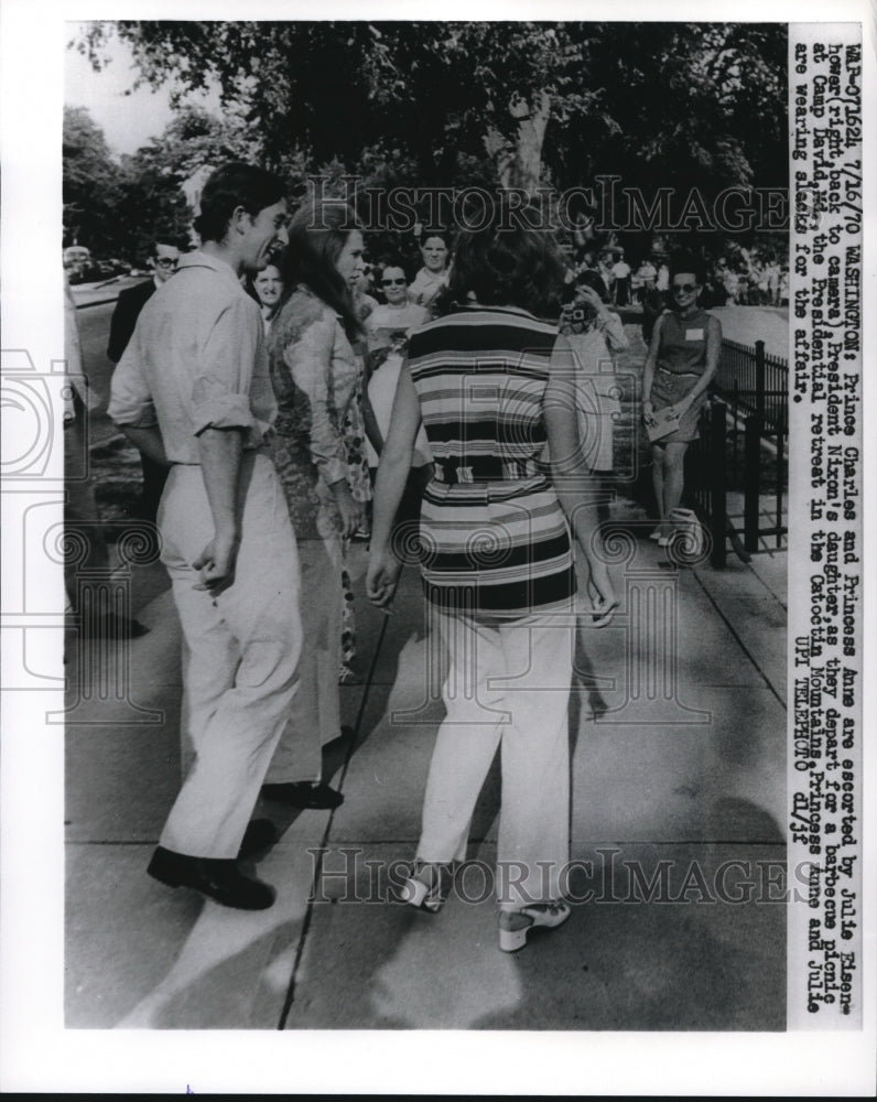 1970 Press Photo Prince Charles and Princess Anne escorted by Julie Eisenhower - Historic Images