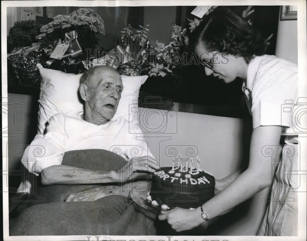 1956 Press Photo James Terrell patient in Burlington hospital receives cake - Historic Images