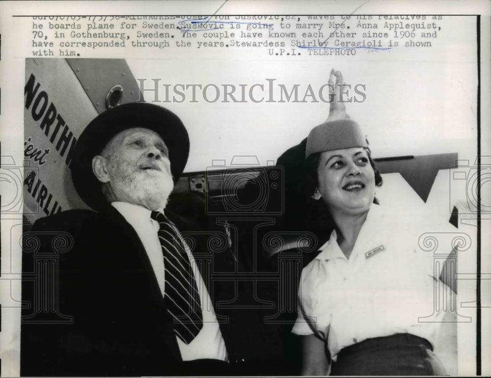 1958 Press Photo Josef Von Suskovic Boards Plane &amp; Stewardess Shirley Ceragioli - Historic Images