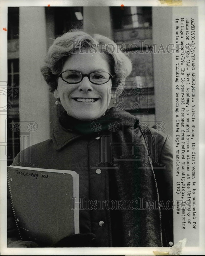 1972 Press Photo Valerie Shoen First Woman Nominated Admission US. Naval Academy - Historic Images