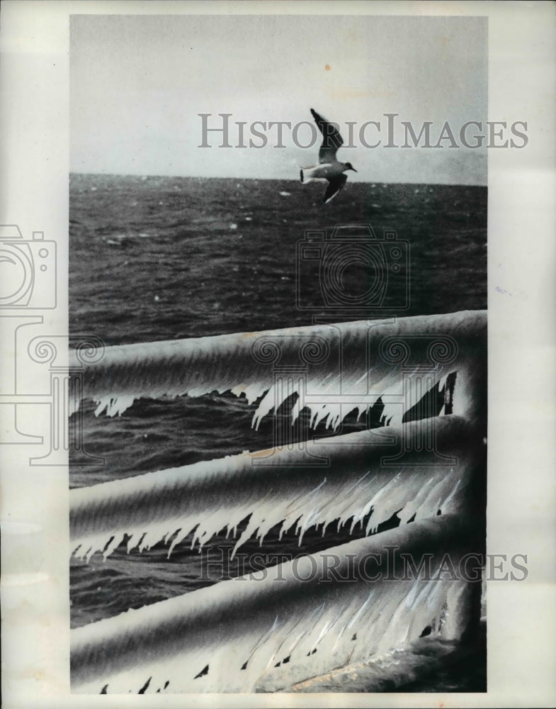 1969 Press Photo Vladivostock Russiaiceberg on ships railings - Historic Images