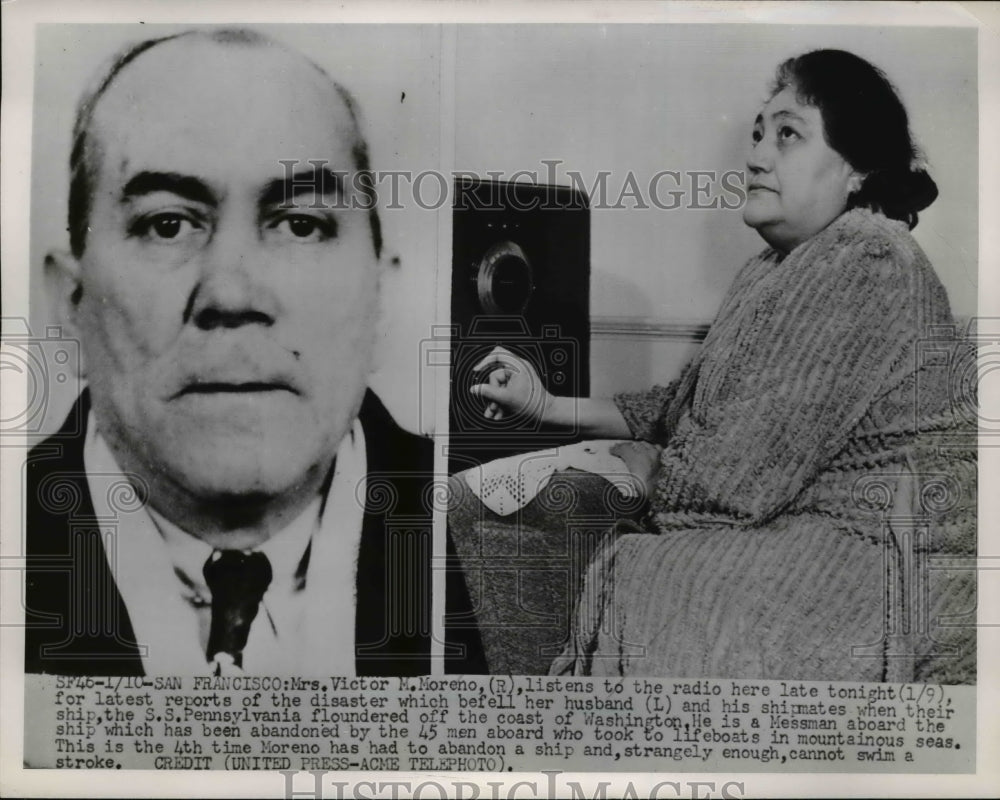 1952 Press Photo Mrs. Victor M. Moreno listens to news regarding Victor Moreno - Historic Images